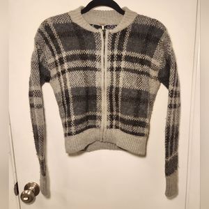 Free People Womens XS Plaid Full Zip Sweater Grey